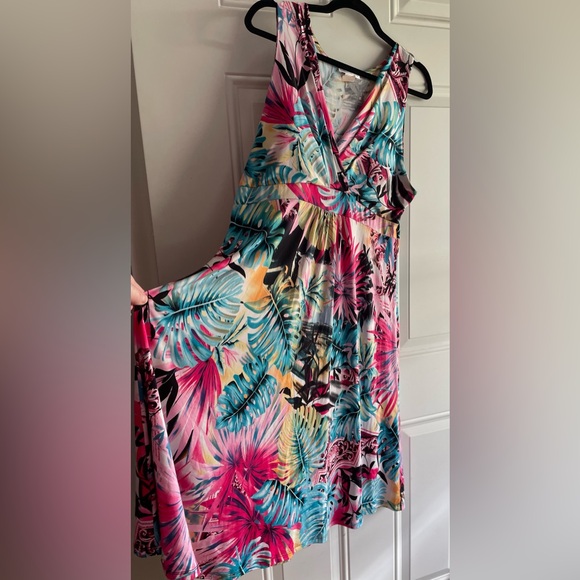 EUC Gorgeous Multicolor Sunset Tropical Palm Leaf Print Flattering MIDI Dress - Picture 11 of 12